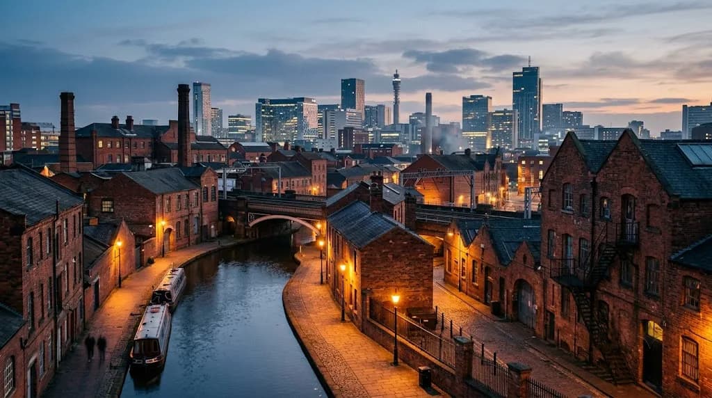 Birmingham's Digbeth industrial district at dusk with canal towpath in foreground and glass towers in the distance, representing Aristral's digital marketing work for Birmingham businesses