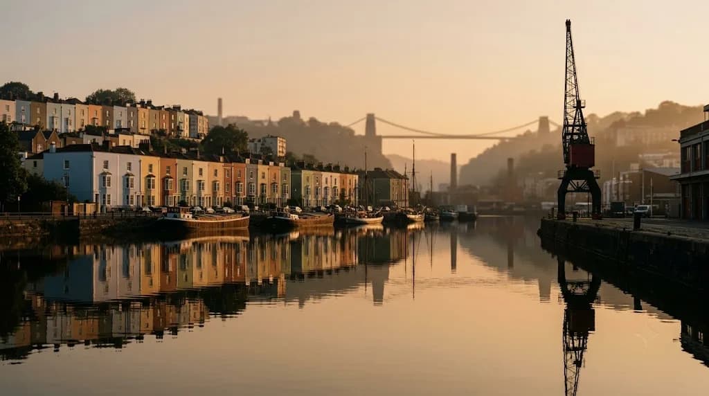 Bristol Harbourside waterfront at golden hour representing Aristral's digital marketing work for Bristol businesses