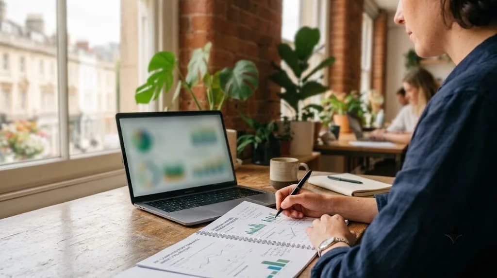 Marketing strategist reviewing a paid search campaign plan for a Bristol business in a co-working space