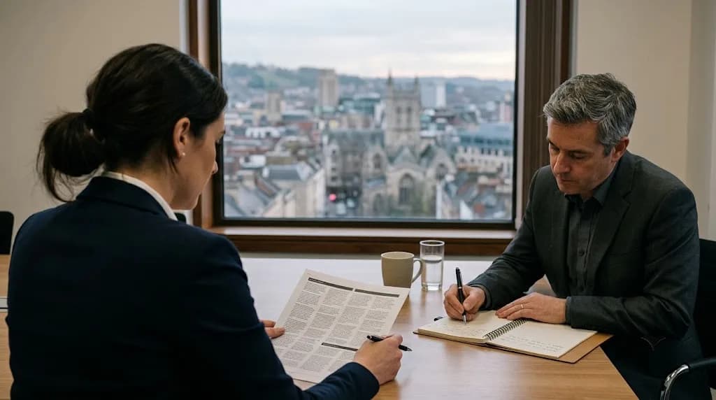 Two professionals reviewing a content marketing strategy document in a Chelmsford office meeting room