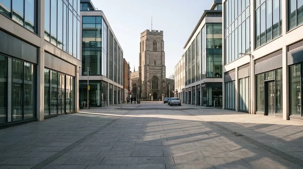 Chelmsford city centre street view with cathedral tower representing Aristral's digital marketing work for Essex businesses