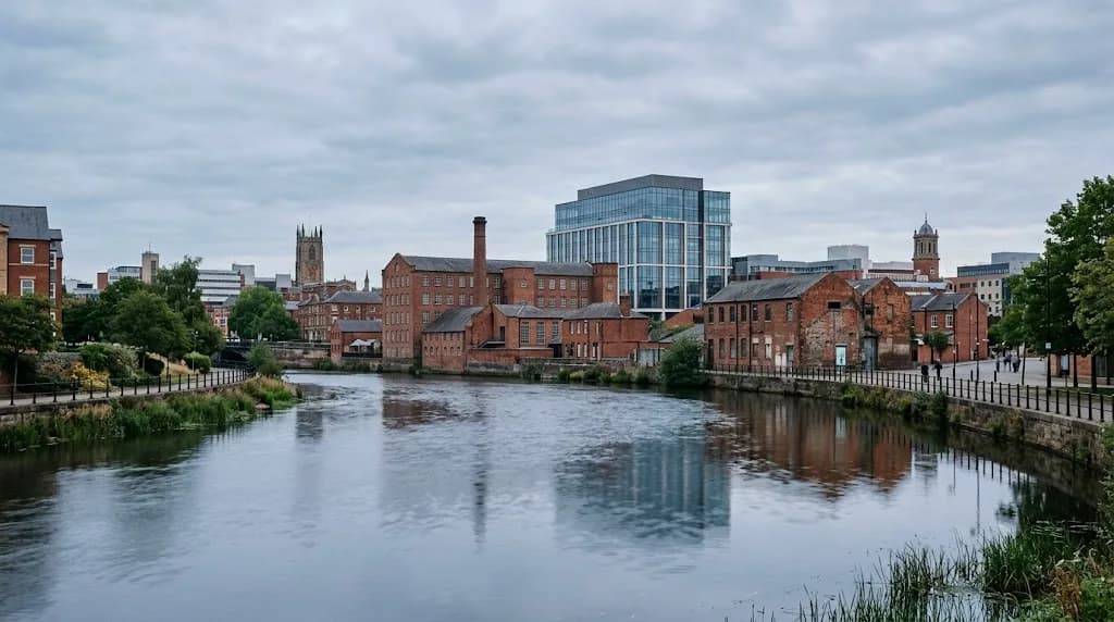 Derby city viewed from the River Derwent at dawn, representing Aristral's digital marketing work for Derby engineering and manufacturing businesses