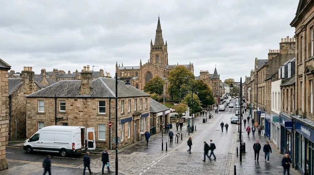 Dunfermline city centre skyline with abbey tower representing Aristral's digital marketing services for Fife businesses