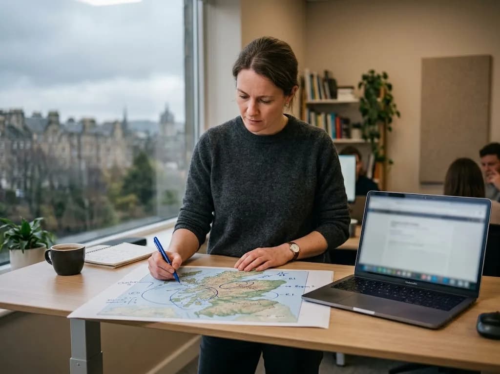 Strategist reviewing a dual-geography SEO campaign map for a Dunfermline business targeting Fife and Edinburgh demand