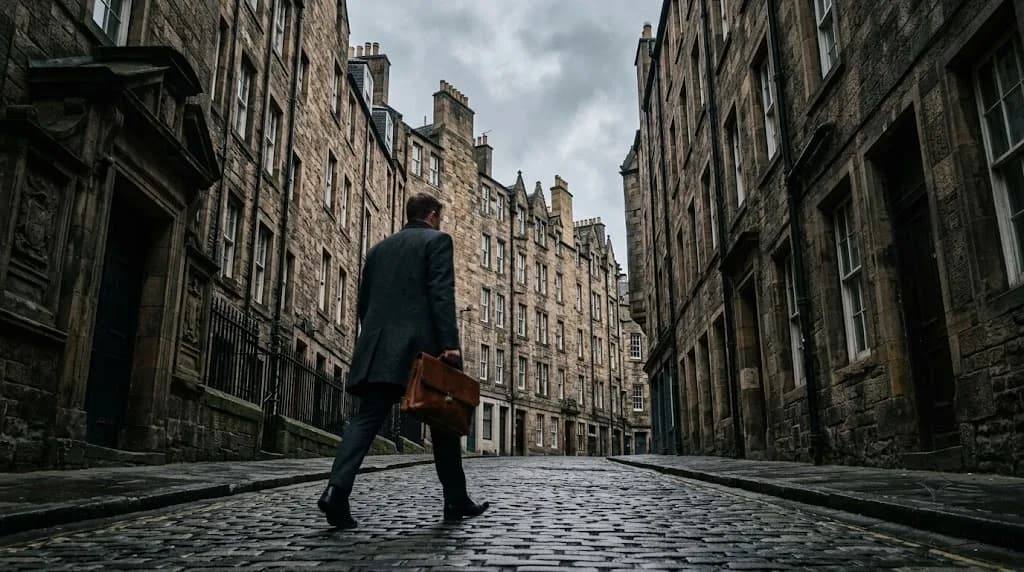 Professional walking through an Edinburgh Old Town close representing Aristral's digital marketing work for Edinburgh businesses