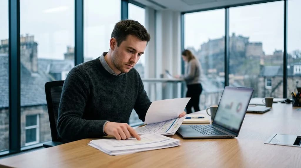 Marketing analyst reviewing campaign attribution data for an Edinburgh finance business in a modern office