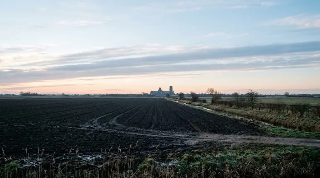 Flat Fenland agricultural landscape near Ely with cathedral silhouette on the horizon representing Aristral's digital marketing work for Ely businesses