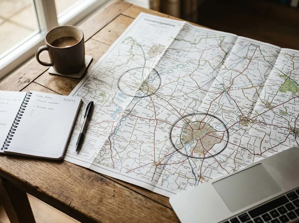 Paper map of Cambridgeshire with two geographic areas marked, illustrating dual-geography digital marketing planning for Ely businesses reaching Cambridge buyers