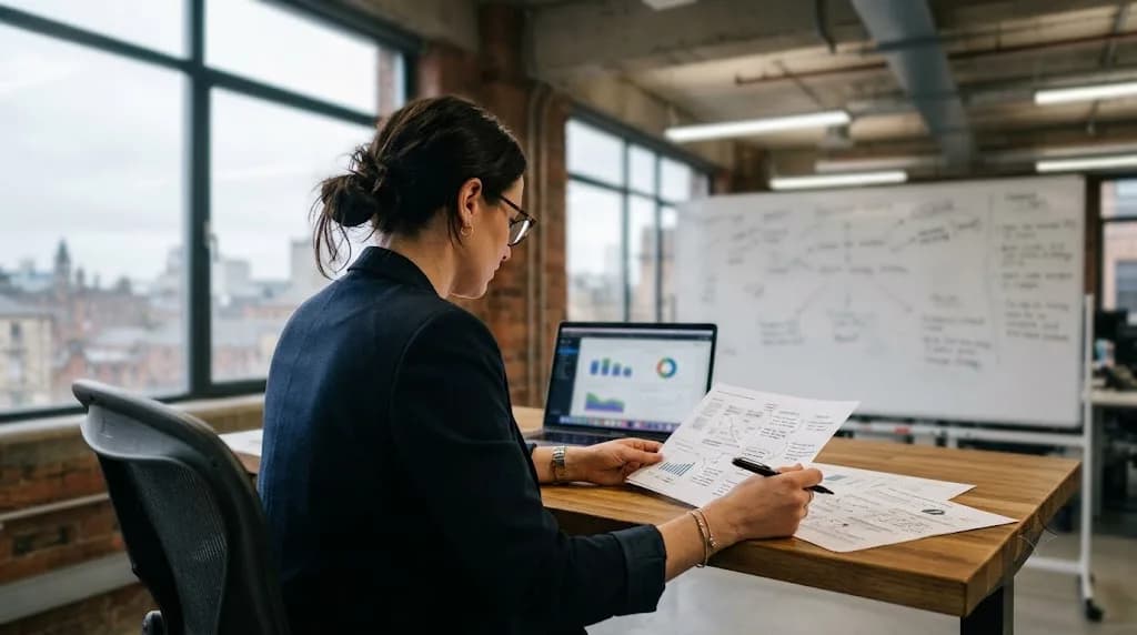 Marketing strategist reviewing a B2B LinkedIn and pipeline campaign plan for a Glasgow engineering or professional-services business