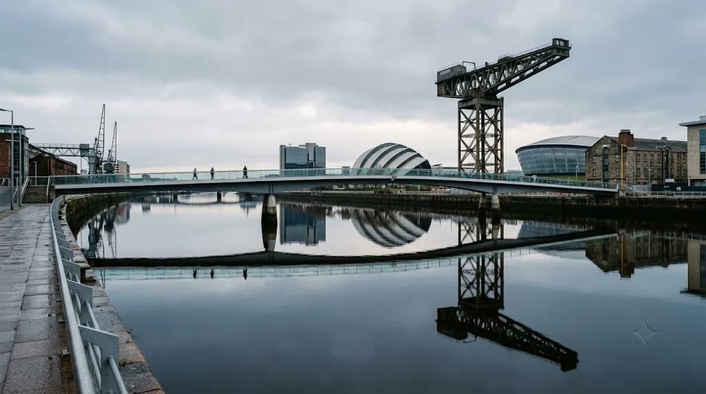 Glasgow Clyde waterfront with industrial bridge and modern architecture representing Aristral's digital marketing work for Glasgow businesses