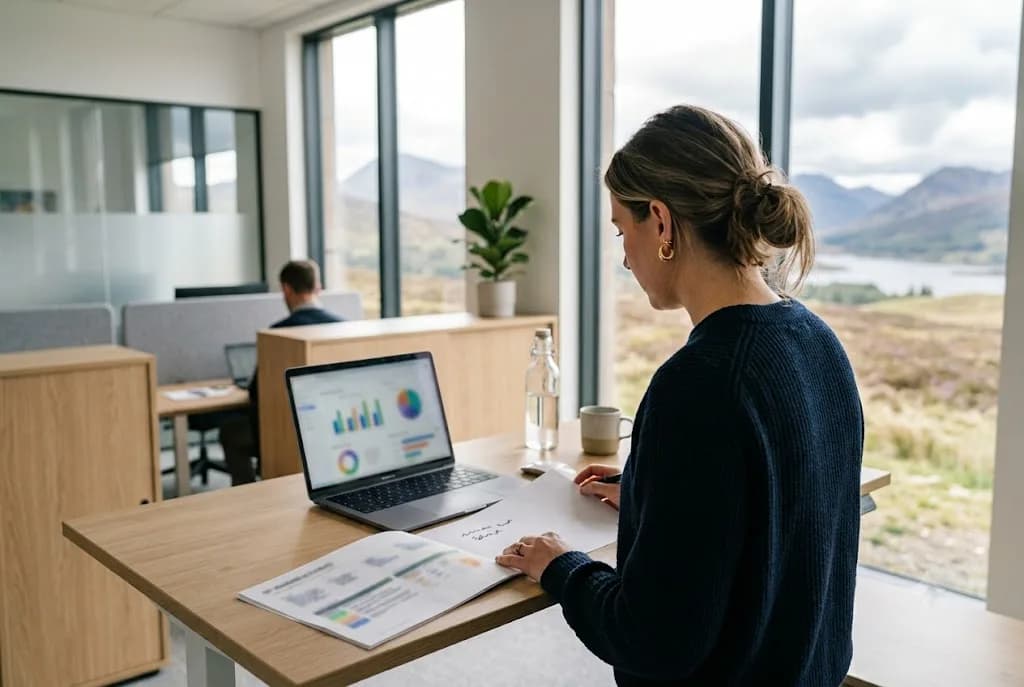 Marketing strategist reviewing a seasonal campaign plan for an Inverness Highland tourism business in a modern office