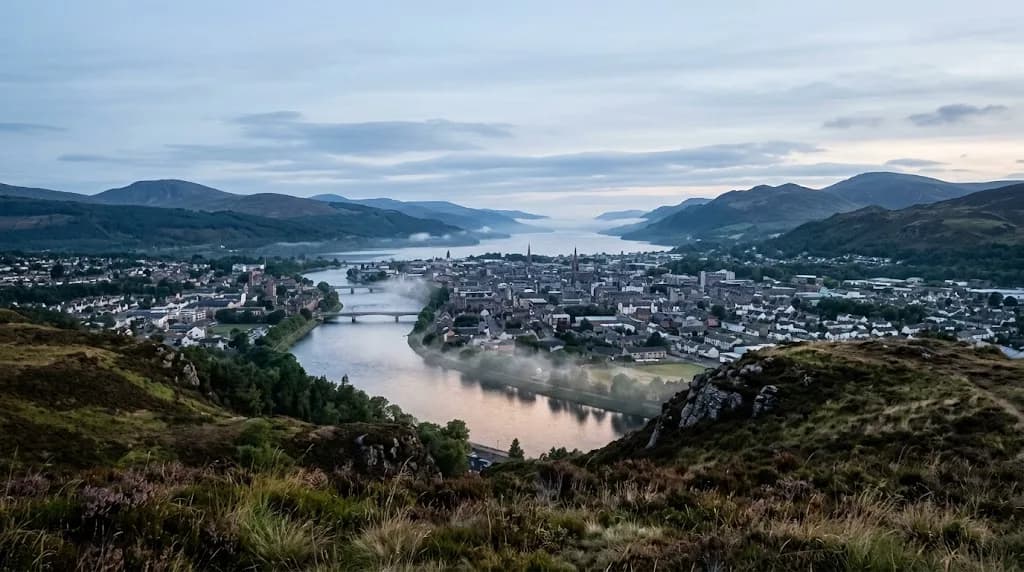 Aerial view of Inverness and the River Ness at dawn representing Aristral's digital marketing services for Highland businesses