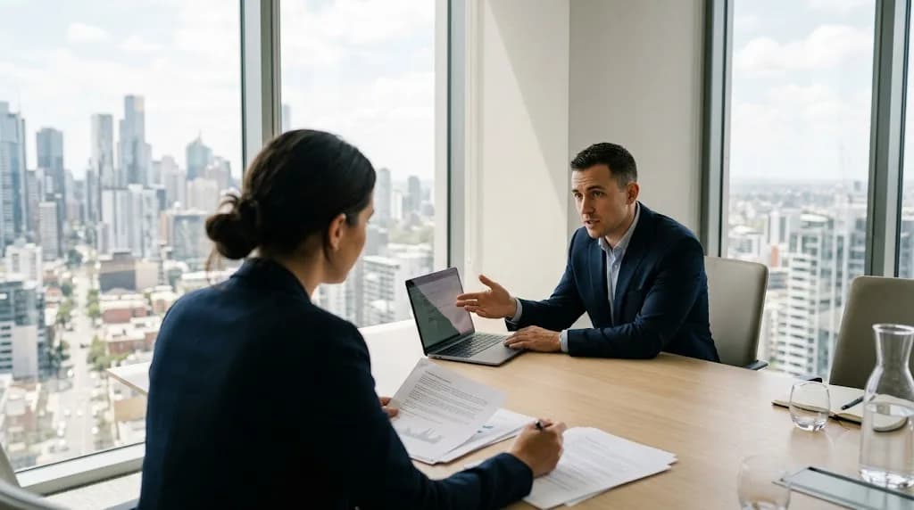 Two professionals reviewing a digital marketing strategy in a Leeds office meeting room with city views
