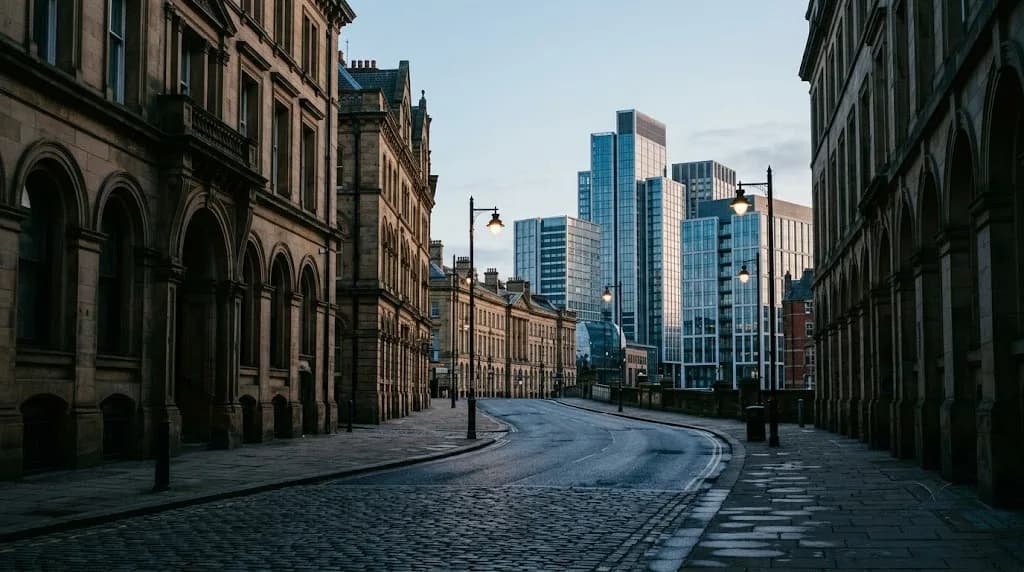 Leeds city centre stone arches and glass office towers at early morning, representing Aristral digital marketing work for Leeds professional services firms