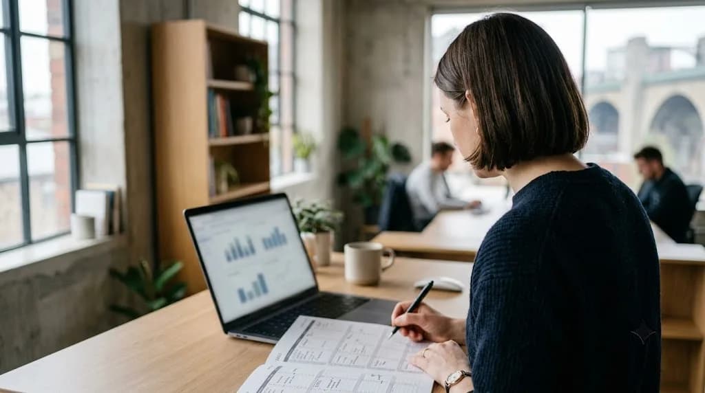 Marketing strategist reviewing a B2B content and SEO plan for a Newcastle upon Tyne tech business in a co-working space