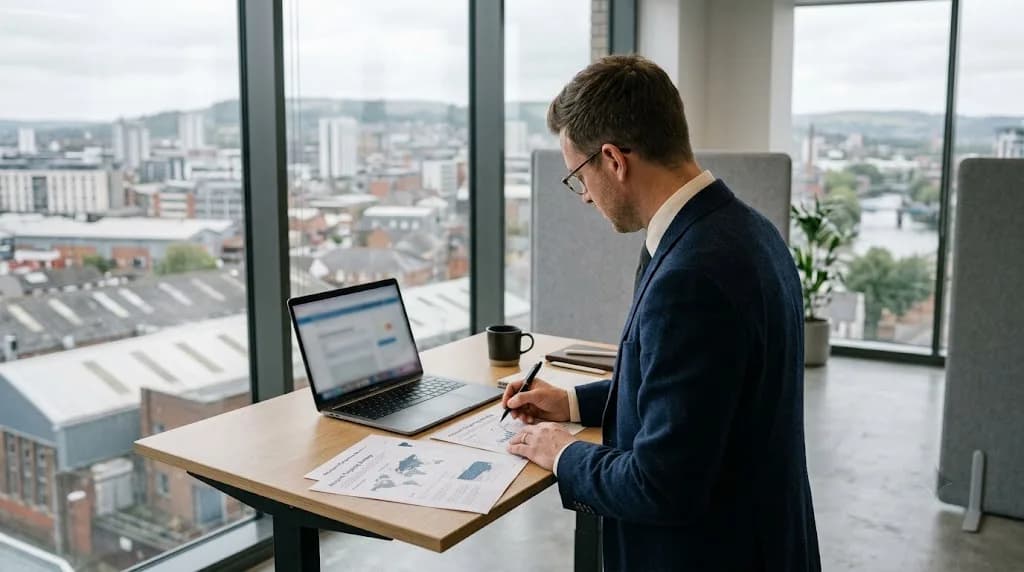 Business strategist reviewing an account-based LinkedIn marketing plan for a Newport B2B technology firm