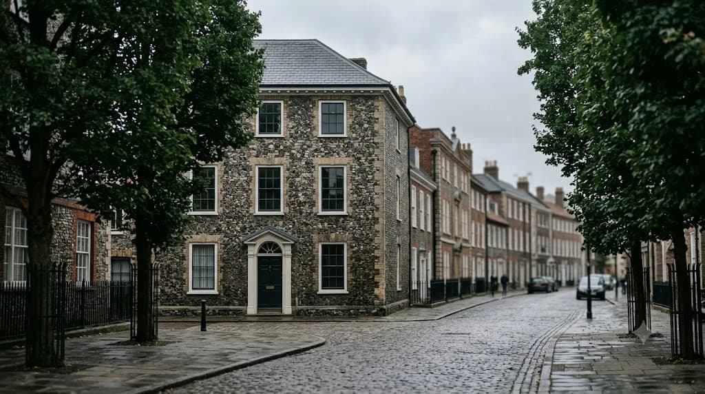 Norwich Cathedral Quarter flint-stone commercial street representing Aristral's digital marketing work for Norwich businesses