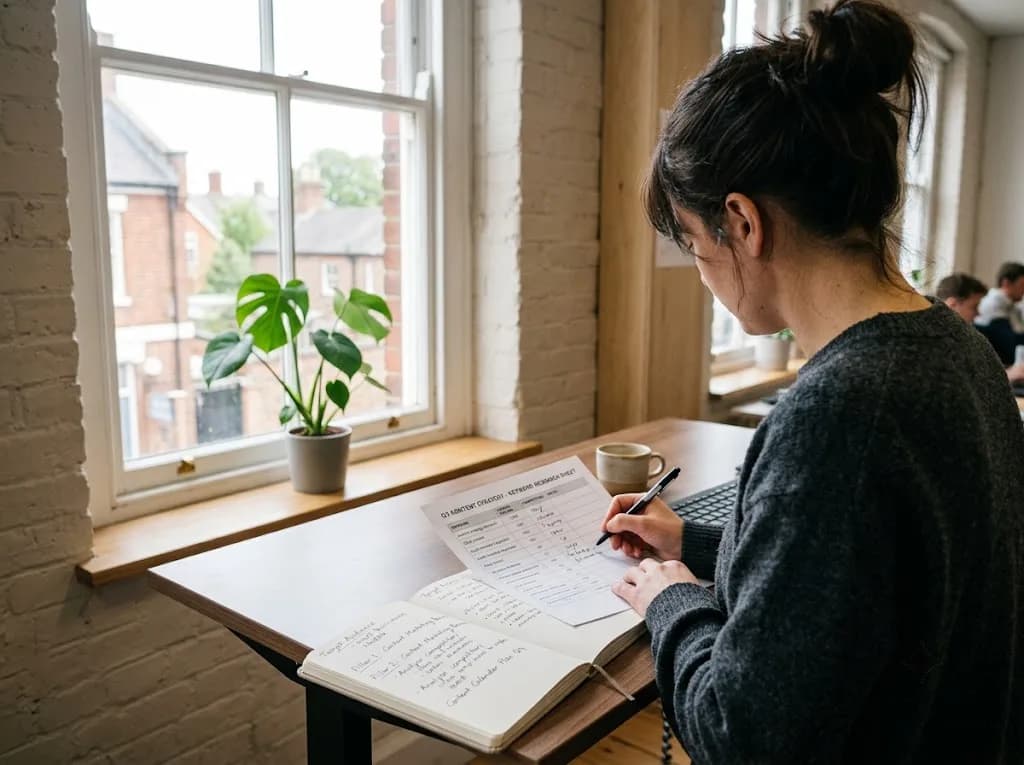 Content strategist reviewing SEO keyword research for a Norwich business in a co-working space