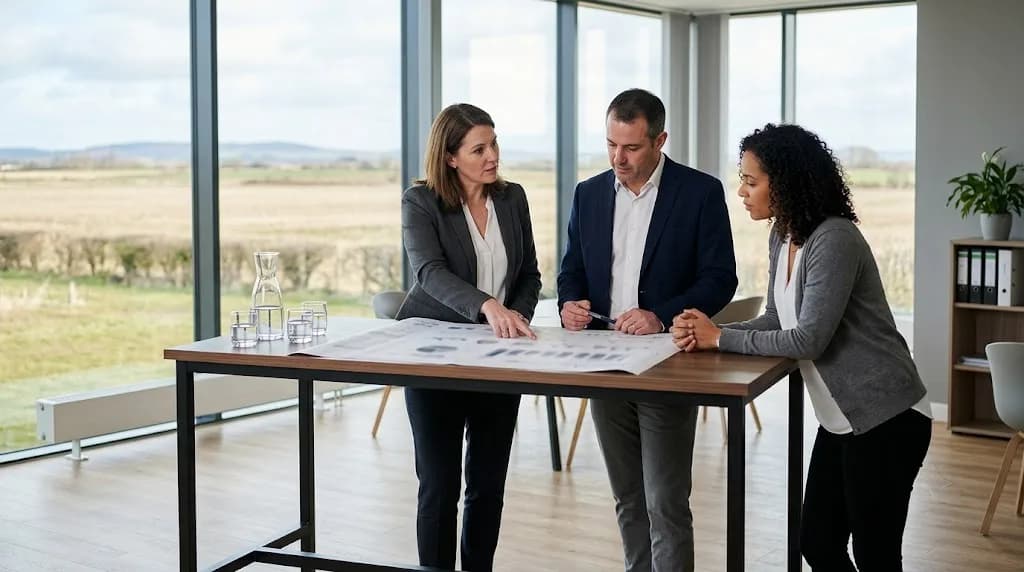 Business professionals reviewing a B2B digital marketing strategy plan in a Peterborough meeting room