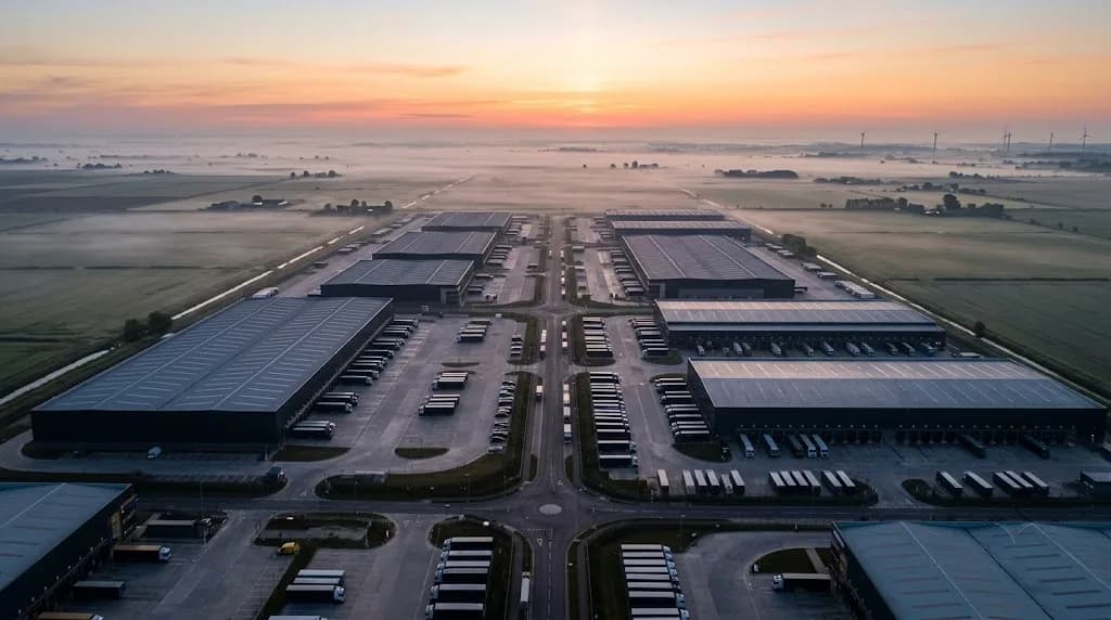 Logistics and distribution warehouses in the Peterborough East of England fenland at early morning, representing B2B digital marketing for Peterborough businesses