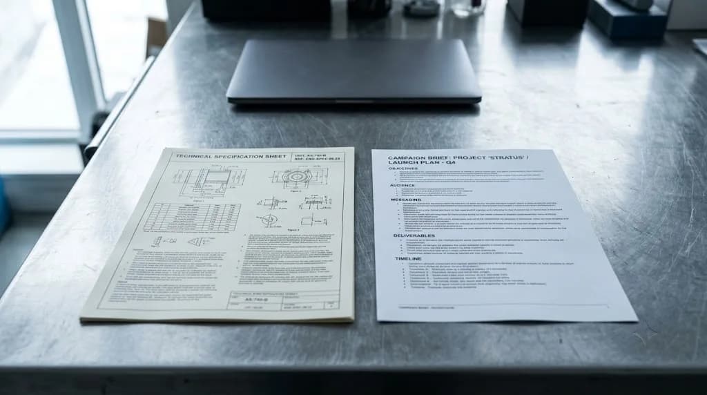 Engineering specification and marketing brief side by side on a desk representing B2B technical content strategy for Preston aerospace and manufacturing businesses