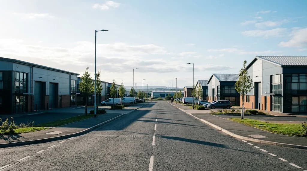 Preston Lancashire industrial business park under northern afternoon light representing Aristral's digital marketing work for aerospace and manufacturing firms