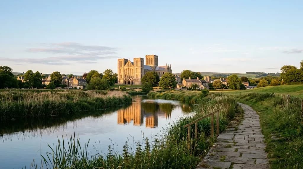 Ripon Cathedral and the River Skell at golden hour, representing Aristral's digital marketing work for Ripon and North Yorkshire businesses