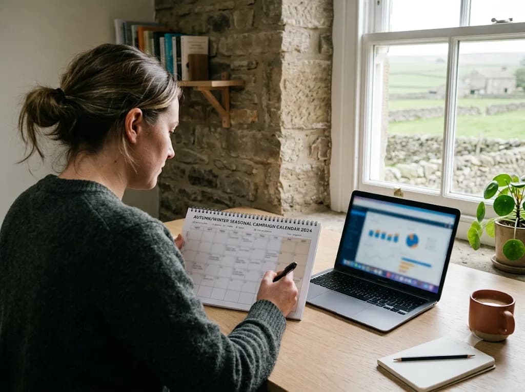 Marketing strategist reviewing a seasonal campaign plan for a Ripon business in a North Yorkshire stone-walled office