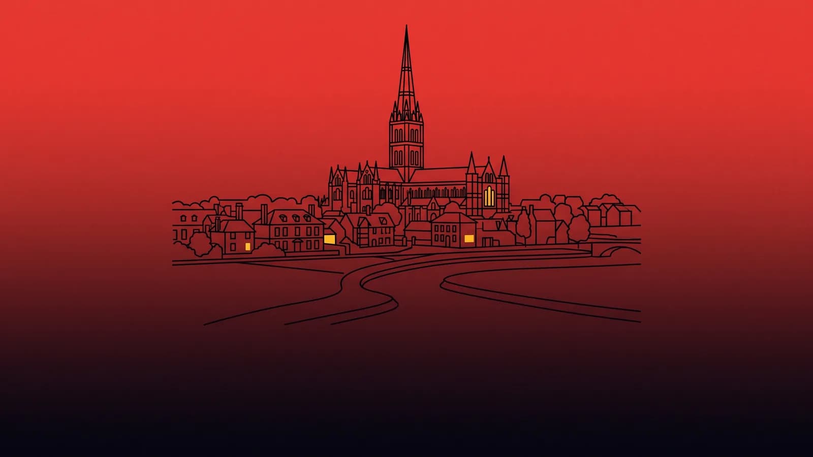 Digital marketing agency Salisbury: line illustration of Salisbury Cathedral's spire above the Close and the water meadows, with yellow accent blocks marking campaign touchpoints