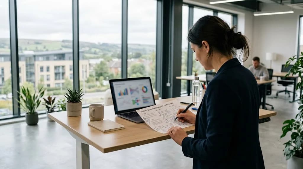 Marketing strategist reviewing a LinkedIn account-based marketing plan for a Sheffield B2B manufacturer at a modern office desk