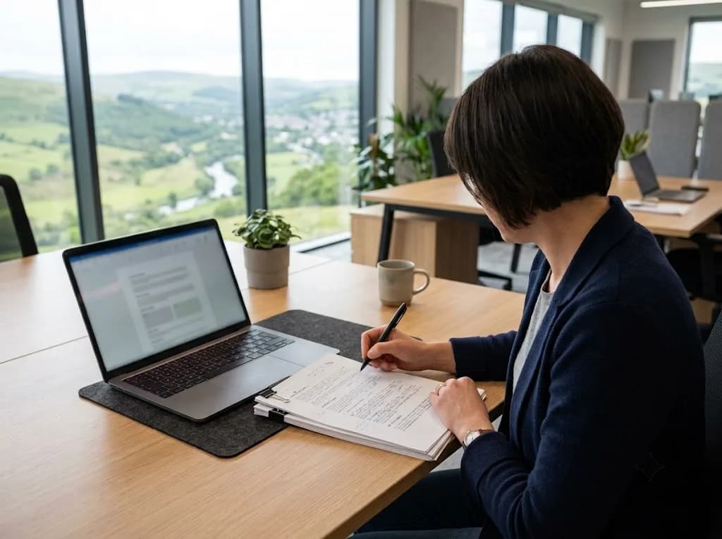 Strategist reviewing B2B content plan for a North Wales technical or manufacturing business