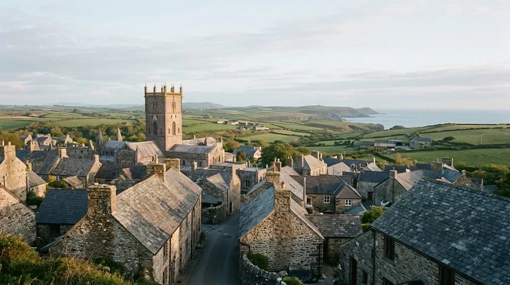 St Davids cathedral tower and surrounding Pembrokeshire farmland at morning light, representing Aristral's digital marketing services for St Davids businesses