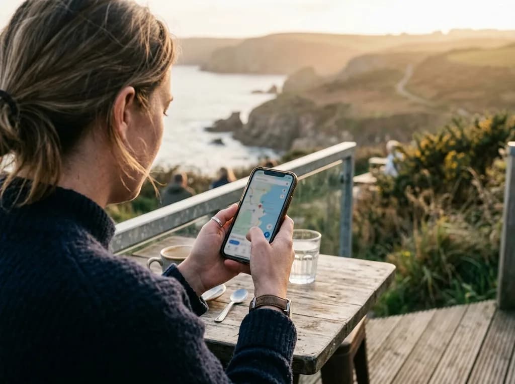 A visitor searching for local St Davids businesses on a mobile phone against a Pembrokeshire coastal backdrop, illustrating booking-intent local SEO for hospitality businesses