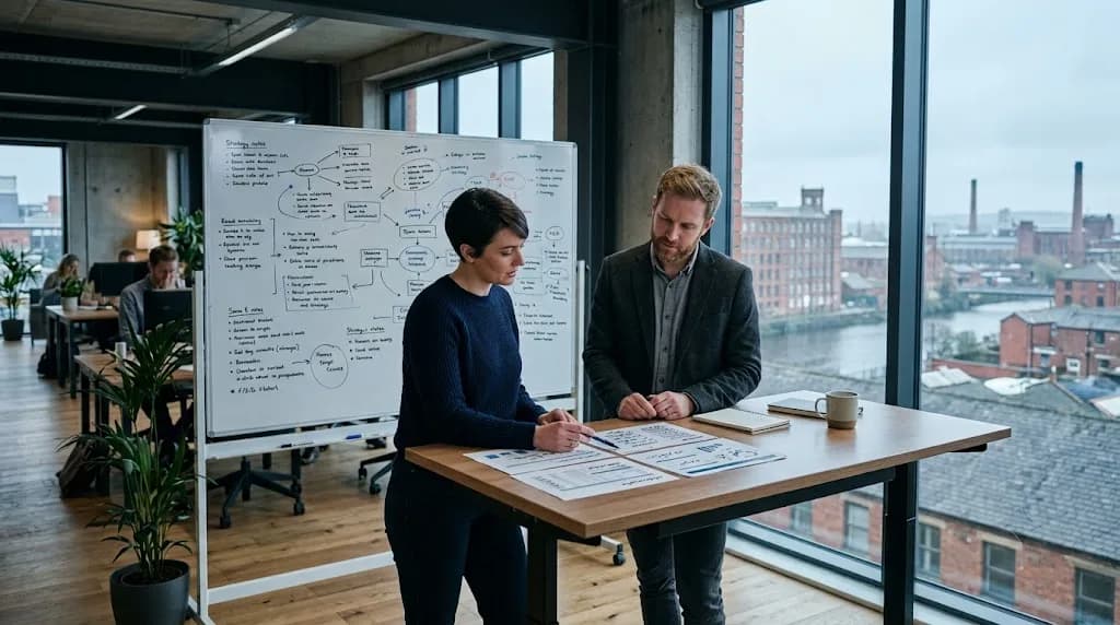Two marketing strategists planning an account-based LinkedIn campaign for a Sunderland manufacturing business