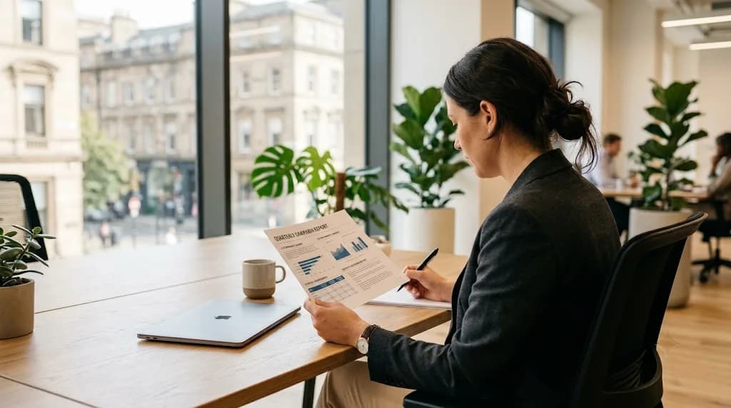 Marketing strategist reviewing a B2B campaign performance report for a York business with a historic stone-building exterior visible through the window