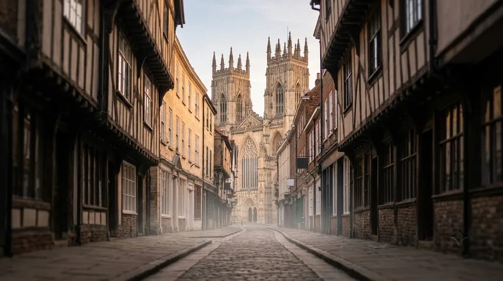 York's medieval stone streets at dawn with the Minster towers in the distance, representing Aristral's digital marketing work for York businesses