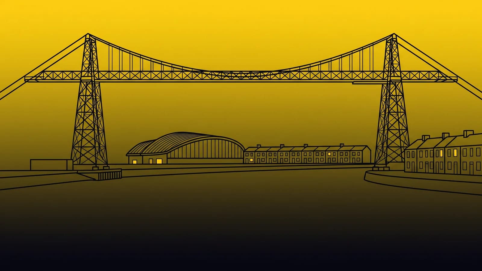 Local SEO Newport: line drawing of the Newport Transporter Bridge over the River Usk, with yellow accent blocks marking map pack positions