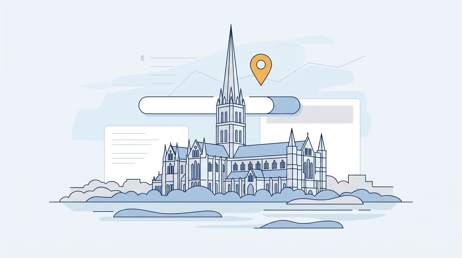 Local SEO Salisbury illustrated with Salisbury Cathedral spire and amber map pin
