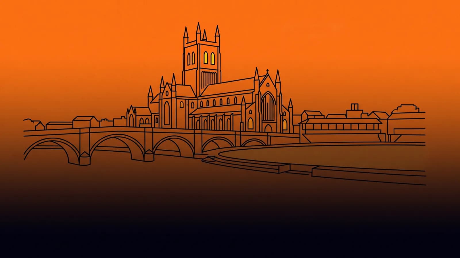 SEO services Worcester: line illustration of Worcester Cathedral above the River Severn and Worcester Bridge, with yellow accent blocks marking search rankings
